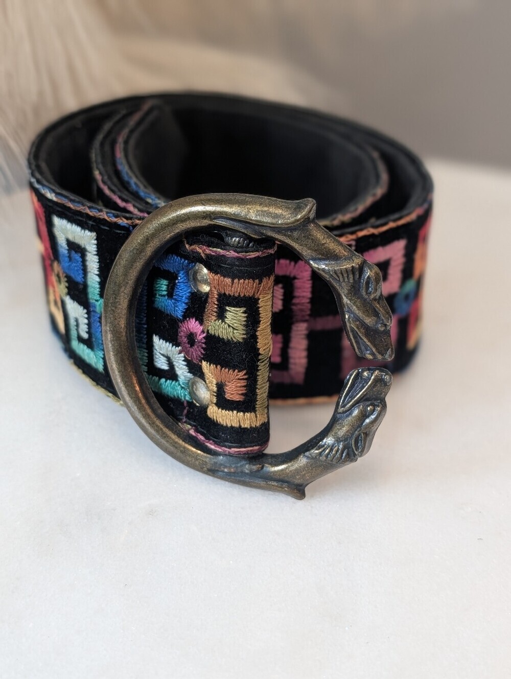 Panther Buckle Multicolor Greek Key Fabric Belt
